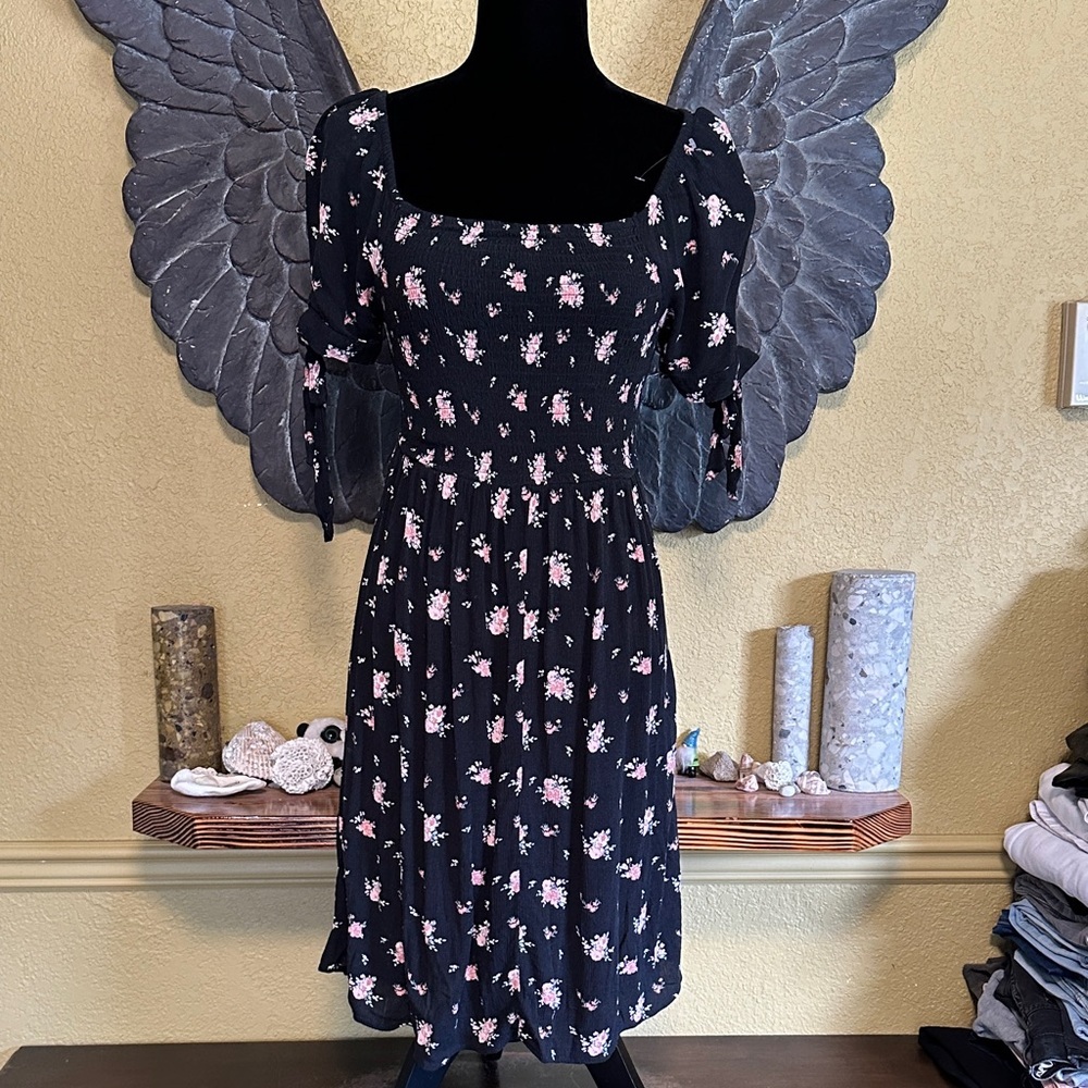 Warehouse One Floral Black Dress with sleeve ties